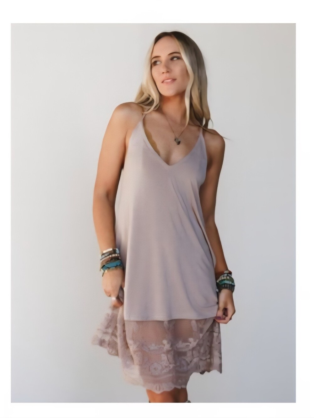 Modal Beige Women's Lace-Hem Boho Slip Dress Medium Layering Festival Casual